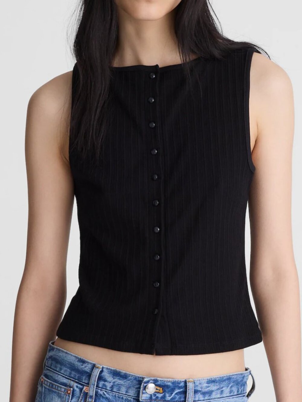 Madewell Ribbed Button Front Cotton Crewneck Sleeveless Shell Top Black XL NWT